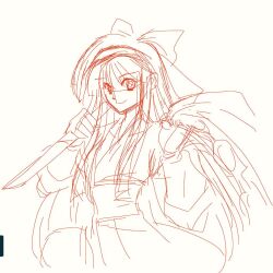 Rule 34 | 1girl, ainu clothes, breasts, fingerless gloves, gloves, hair ribbon, long hair, looking at viewer, medium breasts, monochrome, nakoruru, ribbon, samurai spirits, sketch, smile, snk, solo, the king of fighters, traditional media, weapon