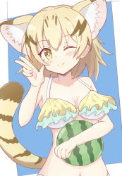 Rule 34 | 1girl, ;), animal ear fluff, animal ears, bare arms, bare shoulders, bikini, black hair, blonde hair, blue background, blush, breasts, brown eyes, cat ears, cat girl, cat tail, closed mouth, collarbone, commentary request, hair between eyes, hand up, highres, kemono friends, layered bikini, long hair, looking at viewer, medium breasts, multicolored hair, navel, one eye closed, sand cat (kemono friends), smile, solo, striped tail, sunanuko (ramuneko), swimsuit, tail, two-tone background, two-tone hair, upper body, white background, white bikini