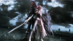 Rule 34 | 10s, 1boy, 1girl, 3d, armor, back-to-back, boots, breastplate, caius ballad, final fantasy, final fantasy xiii, final fantasy xiii-2, greaves, height difference, kaias, legs, lightning farron, long hair, official art, pink hair, pteruges, purple hair, screencap, shield, size difference, sword, thighs, weapon