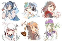 Rule 34 | 5girls, ^ ^, adjusting hood, alternate costume, aqua eyes, black sailor collar, black serafuku, blue dress, blue eyes, blue hair, blue neckerchief, blue skirt, blunt ends, blush stickers, bow, brown eyes, brown hair, buttons, candy, character name, chinese commentary, chinese text, chocolate, chocolate heart, closed eyes, closed mouth, collared dress, commentary, cropped torso, cup, double-breasted, dress, drinking glass, dual persona, ene (kagerou project), enpera, facial mark, facing viewer, food, from side, green hair, hair between eyes, hair bow, hair ornament, hairclip, hand in own hair, hand up, hat, headgear, headphones, heart, holding, holding cup, hood, hood up, hoodie, kagerou project, kido tsubomi, kisaragi momo, kozakura marry, long sleeves, looking at viewer, mekakucity actors, multiple girls, neckerchief, one side up, open mouth, orange hair, otorigg, pink eyes, purple eyes, purple headwear, purple neckerchief, red bow, red scarf, sailor collar, scarf, school uniform, serafuku, shirt, sidelocks, simple background, sketch, skirt, smile, stick figure, tateyama ayano, twintails, upper body, white background, white hair, white hoodie, white neckerchief, white shirt, wide sleeves, wine glass