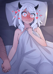 Rule 34 | 1boy, 1girl, afterglow, bed, bed sheet, blush, breasts, commentary, ear blush, embarrassed, english commentary, eyes visible through hair, from above, heart, heart-shaped pupils, helltaker, helltaker (character), hetero, highres, holding hands, holding hands is lewd, horns, interlocked fingers, medium hair, modeus (helltaker), naked sheet, nose blush, out of frame, pillow, red eyes, ricegnat, solo focus, symbol-shaped pupils, v-shaped eyebrows, wavy mouth, white hair, wide-eyed