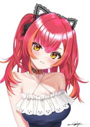 Rule 34 | 1girl, :3, aizawa ema, aizawa ema (cosplay), animal ears, bare shoulders, black ribbon, blue dress, breasts, cat ears, choker, cosplay, criss-cross halter, dress, fake animal ears, hair ribbon, halterneck, head tilt, highres, lace, lace-trimmed dress, lace choker, lace trim, large breasts, long hair, looking at viewer, multicolored hair, nekota tsuna, orange eyes, orange hair, prsdubstep, red hair, ribbon, signature, simple background, solo, streaked hair, two side up, upper body, virtual youtuber, vspo!, white background