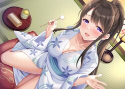 Rule 34 | 1girl, :d, absurdres, blue kimono, breasts, brown hair, cleavage, collarbone, cup, highres, indoors, japanese clothes, kimono, lamp, large breasts, long hair, looking at viewer, mimikaki, mole, mole under mouth, non-web source, open mouth, original, ponytail, print kimono, purple eyes, sidelocks, sitting, smile, solo, suzumia (daydream), tatami, tea, teacup, thighs, wide sleeves, yukata