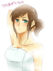 Rule 34 | 1girl, bare shoulders, blush, claire redfield, female focus, green eyes, long hair, naked towel, ponytail, red hair, resident evil, solo, towel, upper body, white background