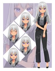 Rule 34 | 1girl, :d, black footwear, black pants, black vest, blush, border, closed mouth, contrapposto, copyright request, expressions, grey shirt, high heels, konogi nogi, looking at viewer, multiple views, open mouth, outline, pants, purple eyes, sample watermark, shirt, smile, vest, watermark, white border, white outline, wide-eyed, zoom layer