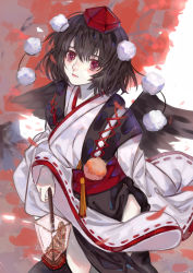 Rule 34 | 1girl, absurdres, ainimendemai, alternate costume, black hair, black wings, blush, cowboy shot, hair between eyes, hat, highres, holding, japanese clothes, kimono, kourindou tengu costume, light particles, long sleeves, looking at viewer, obi, petals, pom pom (clothes), red eyes, red sash, ribbon-trimmed sleeves, ribbon trim, sash, shameimaru aya, short hair, solo, tokin hat, touhou, white background, white kimono, wide sleeves, wings