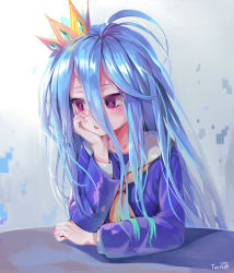 Rule 34 | 1girl, bad id, bad pixiv id, blue hair, collarbone, crown, hair between eyes, head rest, long hair, long sleeves, neckerchief, no game no life, open mouth, purple shirt, red eyes, shiro (no game no life), shirt, solo, torriet, upper body, very long hair, yellow neckerchief