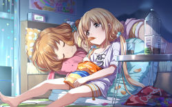 Rule 34 | 2girls, :3, barefoot, bed, blonde hair, blush, bottle, brown eyes, brown hair, chips (food), closed eyes, closed mouth, clothes writing, cup, facing another, food, futaba anzu, hair bobbles, hair ornament, idolmaster, idolmaster cinderella girls, long hair, looking at another, lying, moroboshi kirari, multiple girls, on side, potato chips, sitting, smile, stuffed animal, stuffed rabbit, stuffed toy, table, twintails, zattape