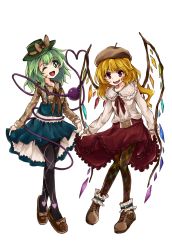 Rule 34 | 2girls, alternate costume, argyle, argyle clothes, argyle legwear, black legwear, blonde hair, blue skirt, bow, brown bow, brown footwear, casual, clothes lift, contemporary, fang, flandre scarlet, footwear bow, full body, green eyes, green hair, green hat, hat, hat bow, heart, heart of string, high-waist skirt, highres, karua m, komeiji koishi, leaning forward, lifted by self, long hair, long sleeves, looking at viewer, miniskirt, multiple girls, one eye closed, open mouth, pantyhose, pleated skirt, polka dot, red eyes, red skirt, shoes, simple background, skirt, skirt lift, smile, suspenders, third eye, touhou, transparent background, wings