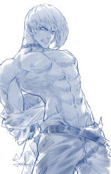 Rule 34 | 1boy, abs, arms behind back, belt, blue theme, blush, choker, clenched teeth, glint, hair between eyes, hatching (texture), highres, male focus, monochrome, muscular, muscular male, navel, nipples, signature, simple background, solo, spade-m, teeth, the king of fighters, white background, yagami iori, zipper, zipper pull tab