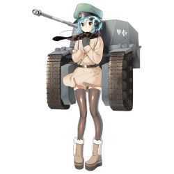 Rule 34 | 1girl, belt, black thighhighs, blue hair, blush, boots, brown eyes, cannon, coat, full body, hair ornament, hairclip, hands on own chest, hat, headphones, looking at viewer, martin (milihime taisen), milihime taisen, military hat, mittens, official art, running track, scarf, short hair, solo, standing, thighhighs, transparent background, winter clothes, winter coat