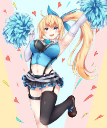 Rule 34 | 1girl, ahoge, armpits, bare shoulders, belt, blonde hair, blue eyes, breasts, cheerleader, elbow gloves, garter straps, gloves, hair ribbon, heart, impossible clothes, irohara, large breasts, long hair, looking at viewer, midriff, miniskirt, mirai akari, mirai akari project, navel, open mouth, pom pom (cheerleading), ribbon, shoes, side ponytail, single thighhigh, skirt, smile, solo, standing, standing on one leg, suspender skirt, suspenders, thighhighs, very long hair, virtual youtuber, white gloves