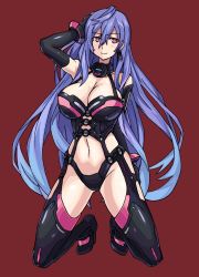 Rule 34 | 1girl, blue hair, bodysuit, breasts, cleavage, elbow gloves, gloves, highres, iris heart, kami jigen game neptune v, large breasts, leotard, long hair, looking at viewer, navel, neptune (series), power symbol, power symbol-shaped pupils, pururut, red background, red eyes, simple background, smile, solo, stomach, symbol-shaped pupils, very long hair