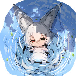 Rule 34 | 1girl, :o, afloat, animal ear fluff, animal ears, bare arms, bare shoulders, barefoot, chibi, commentary request, dress, fox ears, fox girl, fox tail, full body, grey hair, hair between eyes, half-closed eyes, highres, long hair, looking at viewer, lying, on back, original, parted lips, partially submerged, red eyes, silver fox girl (yuuji (yukimimi)), sleeveless, sleeveless dress, solo, tail, very long hair, water, white dress, yuuji (yukimimi)