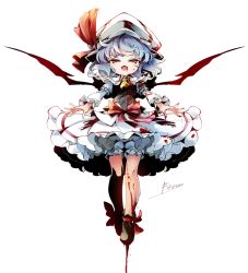 Rule 34 | 1girl, ascot, bat wings, blood, blood on clothes, blue hair, dress, fang, fifiruu, hat, hat ribbon, mob cap, pink dress, puffy sleeves, red eyes, remilia scarlet, ribbon, short hair, solo, touhou, wings