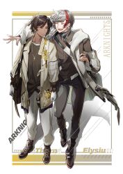 Rule 34 | 2boys, absurdres, arknights, arm around shoulder, black footwear, black hair, black pants, black shirt, border, brown coat, character name, clenched hand, closed eyes, coat, commentary, copyright name, dark-skinned male, dark skin, denshoku 97, elysium (arknights), full body, gloves, grey hair, highres, jewelry, looking at another, male focus, multicolored hair, multiple boys, necklace, open mouth, pants, red hair, shirt, short hair, simple background, smile, streaked hair, thorns (arknights), undershirt, white background, white coat, white gloves, white pants, yellow eyes