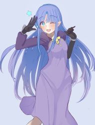Rule 34 | 1girl, ;d, asymmetrical sleeves, black gloves, blue background, blue eyes, blue hair, commission, dress, elbow gloves, fate/grand order, fate (series), floating hair, gloves, hair between eyes, highres, long dress, long hair, looking at viewer, medea (lily) (fate), one eye closed, open mouth, pixiv commission, pointy ears, purple dress, purple sleeves, smile, solo, standing, uneven sleeves, very long hair, yamabuki (sunlight jojo)