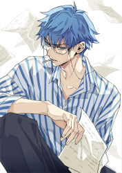 1boy, bangs, bishounen, black pants, blue eyes, blue hair, collarbone, collared shirt, fate/grand order, fate (series), glasses, hans christian andersen (adult) (fate), highres, holding, holding paper, male focus, older, pants, paper, partially unbuttoned, senzaki makoto, shirt, short hair, solo, striped, striped shirt