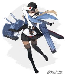 Rule 34 | 1girl, anchor necklace, belt, black belt, black bow, black footwear, black gloves, black hat, black skirt, blue shawl, boots, bow, brown eyes, brown hair, brown thighhighs, fingerless gloves, full body, fur hat, gloves, hair bow, hat, jacket, jewelry, kantai collection, long hair, low twintails, machinery, necklace, pantyhose, papakha, ribbon trim, scarf, shawl, skirt, solo, tashkent (kancolle), thigh boots, thighhighs, torn clothes, torn scarf, torpedo tubes, turret, twintails, twitter username, white background, white jacket, white scarf, yamashichi (mtseven)