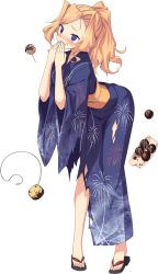 Rule 34 | 1girl, blonde hair, blue eyes, blush, breasts, fireworks print, food, food on face, full body, hands on own face, honolulu (kancolle), japanese clothes, kantai collection, kimono, large breasts, long hair, official alternate costume, official art, takoyaki, torn clothes, transparent background, ugume, yukata
