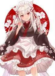 Rule 34 | 1girl, :3, animal ears, apron, black shirt, breasts, cat ears, closed mouth, cowboy shot, floral print, flower, frills, hair ribbon, hand up, head tilt, long hair, long sleeves, looking at viewer, maid, maid headdress, original, pinching sleeves, red background, red eyes, red skirt, ribbon, shirt, silver hair, skirt, smile, solo, standing, two-tone background, two side up, v, white apron, white background, white flower, wide sleeves, yuzuki karu