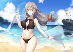 Rule 34 | 2girls, alternate costume, animal ears, arknights, armpit peek, bad id, bad pixiv id, bandeau, bare legs, bare shoulders, beach, bikini, black bikini, blue shorts, blue sky, bracelet, breasts, cleavage cutout, closed mouth, clothing cutout, cloud, cloudy sky, commentary, cowboy shot, day, expressionless, fukuzawa yukichi (egoist867), grani (arknights), grey hair, hair between eyes, harpoon, highres, horse ears, jewelry, lace trim, large breasts, lens flare, light rays, long hair, looking at viewer, low-tied long hair, medium hair, midriff, multiple girls, navel, ocean, outdoors, ponytail, red eyes, rock, sandals, see-through, shawl, short shorts, shorts, skadi (arknights), sky, solo focus, sparkle, straight hair, strapless, sunlight, swimsuit, thighs, tube top, visor cap, wind