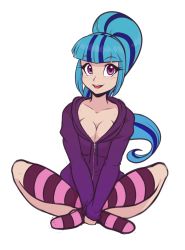Rule 34 | 1girl, absurdres, breasts, cleavage, hasbro, highres, hood, hoodie, my little pony, my little pony: equestria girls, my little pony: friendship is magic, open clothes, ponytail, scorpdk, smile, socks, solo, sonata dusk, striped clothes, striped socks, striped thighhighs, thighhighs, transparent background