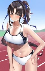 Rule 34 | 1girl, bad id, bad twitter id, bare arms, black hair, blurry, blurry background, blush, breasts, brown eyes, cleavage, closed mouth, commentary request, day, hair ribbon, hand on own hip, high ponytail, highres, kaku yone, large breasts, long hair, looking at viewer, navel, original, outdoors, ponytail, ribbon, sky, smile, solo, sports bra, sports panties, sportswear, stomach, sweat, track and field, track uniform, very long hair, wet, white sports bra