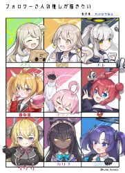Rule 34 | 6+girls, absurdres, ahoge, akari (blue archive), bag, black gloves, blonde hair, blue archive, blue eyes, bow, bowtie, breasts, bright pupils, brown hair, calciumin, character name, closed eyes, closed mouth, collarbone, dark-skinned female, dark skin, double bun, eating, gloves, hair between eyes, hair bun, hair intakes, halo, hare (blue archive), hifumi (blue archive), highres, horns, hoshino (blue archive), karin (blue archive), large breasts, licking lips, light brown hair, long hair, long sleeves, maki (blue archive), multiple girls, neck ribbon, nonomi (blue archive), open mouth, paper bag, purple eyes, purple hair, reading, red hair, ribbon, school uniform, serafuku, shirt, short hair, sidelocks, silver hair, smile, sweat, tongue, tongue out, translation request, twintails, upper body, white shirt, yellow eyes, yoshimi (blue archive), yuuka (blue archive)