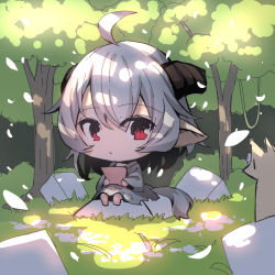 Rule 34 | 1girl, :&lt;, ahoge, animal, barefoot, big head, chibi, closed mouth, commentary request, day, dress, fox, grey dress, grey hair, hair between eyes, highres, horns, long sleeves, original, outdoors, pointy ears, red eyes, rock, sitting, solo, tail, tree, wide sleeves, yuuji (yukimimi)