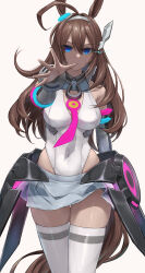 Rule 34 | 1girl, absurdres, ahoge, animal ears, bare shoulders, blue eyes, breasts, brown hair, commentary request, covered navel, cowboy shot, detached sleeves, ear ornament, grey hairband, grey skirt, hair between eyes, hair ornament, hairband, hairclip, highleg, highleg leotard, highres, horse ears, horse girl, horse tail, horseshoe ornament, large breasts, leotard, long hair, long sleeves, looking at viewer, m.m (mmitsu 93), mihono bourbon (umamusume), miniskirt, necktie, pink necktie, rigging, silver hairband, simple background, skirt, solo, tail, thighhighs, umamusume, white background, white thighhighs
