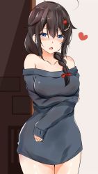 Rule 34 | 1girl, absurdres, ahoge, black hair, blue hair, blush, braid, breast hold, breasts, commentary request, contemporary, hair ornament, hairclip, heart, heart-shaped pupils, highres, kantai collection, long hair, looking at viewer, medium breasts, open mouth, saku (kudrove), shigure (kancolle), single braid, solo, symbol-shaped pupils