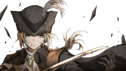 Rule 34 | 1girl, absurdres, ascot, black hat, blonde hair, blood, blood from mouth, blood on face, bloodborne, cape, coat, commentary request, gloves, hat, hat feather, highres, injury, lady maria of the astral clocktower, long hair, looking at viewer, ponytail, shimoda masaya, solo, sword, the old hunters, tricorne, weapon, white background, white hair