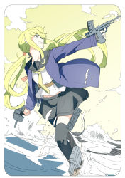 Rule 34 | 10s, 1girl, bad id, bad pixiv id, belt, black thighhighs, blonde hair, blue coat, cloud, coat, crescent, crescent pin, firing, gun, kantai collection, leaning forward, long hair, looking to the side, looking up, ninimo nimo, ocean, on water, open clothes, open coat, outstretched arm, satsuki (kancolle), satsuki kai ni (kancolle), school uniform, serafuku, skirt, sky, solo, thighhighs, torpedo tubes, trigger discipline, twintails, very long hair, waves, weapon, yellow eyes, yellow sky, zettai ryouiki