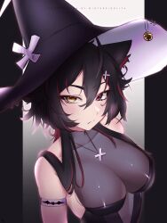 Rule 34 | 1girl, animal ears, black hair, breasts, cat ears, colored inner hair, hat, heterochromia, highres, indie virtual youtuber, large breasts, lita (winterkindlita), looking at viewer, multicolored hair, original, red eyes, red hair, short hair with long locks, slit pupils, solo, two-tone background, two-tone hair, upper body, virtual youtuber, winterkindlita, witch hat, yellow eyes