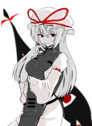 Rule 34 | 1girl, arm ribbon, blurry, breasts, brother (artist), chromatic aberration, cowboy shot, depth of field, dress, eye focus, finger gun, finger to mouth, frilled sleeves, frills, gap (touhou), hat, hat ribbon, highres, hip focus, long hair, long sleeves, looking at viewer, medium breasts, mob cap, monochrome, ribbon, smile, solo, spot color, tabard, touhou, very long hair, yakumo yukari
