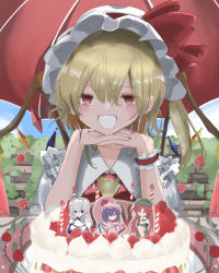 Rule 34 | 1girl, absurdres, ascot, bad id, bad pixiv id, blonde hair, cake, day, flandre scarlet, food, frilled shirt collar, frills, hair between eyes, hands on own chin, hat, hat ribbon, heart, heart-shaped pupils, highres, hong meiling, interlocked fingers, izayoi sakuya, looking at viewer, medium hair, mob cap, nail polish, open mouth, outdoors, own hands together, parasol, plate, puffy short sleeves, puffy sleeves, red eyes, red nails, red ribbon, remilia scarlet, ribbon, shirt, short sleeves, side ponytail, solo, strawberry cake, symbol-shaped pupils, touhou, umbrella, white hat, white shirt, wrist cuffs, yellow ascot, yuzuki no kimi