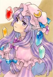 Rule 34 | 2zuz4hru, blue bow, bow, crescent, crescent hat ornament, crystal, dress, frilled hat, frilled shirt collar, frills, hair bow, hat, hat ornament, hat ribbon, long hair, looking at viewer, marker (medium), patchouli knowledge, purple bow, purple eyes, purple hair, ribbon, striped clothes, striped dress, touhou, traditional media, yellow background