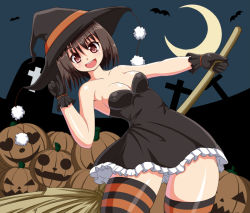 Rule 34 | 1girl, bad id, bad pixiv id, breasts, broom, brown hair, female focus, gloves, halloween, hat, jack-o&#039;-lantern, looking at viewer, nakaya, open mouth, pumpkin, red eyes, shameimaru aya, short hair, smile, solo, striped clothes, striped thighhighs, thick thighs, thighhighs, thighs, touhou, witch hat