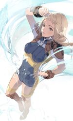 Rule 34 | 1girl, arm up, belt buckle, blonde hair, blue bodysuit, bodysuit, boots, bracelet, braid, breasts, brown eyes, brown footwear, buckle, chest belt, closed mouth, cofffee, final fantasy, final fantasy xii, full body, highres, jewelry, light blush, light particles, lips, long hair, looking at viewer, low twin braids, medium breasts, penelo, shoulder pads, solo, standing, standing on one leg, twin braids