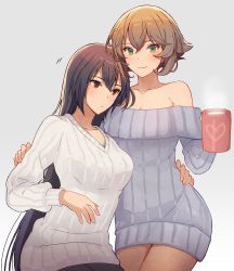 Rule 34 | 2girls, black hair, breasts, brown hair, cleavage, collarbone, cowboy shot, cup, gradient background, green eyes, hair between eyes, holding, holding cup, kantai collection, kasumi (skchkko), large breasts, long hair, long sleeves, motion lines, multiple girls, mutsu (kancolle), nagato (kancolle), off-shoulder sweater, off shoulder, red eyes, ribbed sweater, short hair, sweater, white sweater