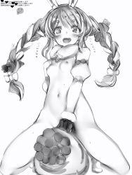 Rule 34 | 1girl, :d, animal ear fluff, animal ears, bad id, bad pixiv id, blush, bow, braid, breasts, carrot hair ornament, detached sleeves, emoji, food-themed hair ornament, fur-trimmed gloves, fur trim, gloves, greyscale, hair bow, hair ornament, heart, highres, hololive, long hair, looking at viewer, monochrome, nanashi (nlo), navel, nipples, nude, open mouth, puffy short sleeves, puffy sleeves, rabbit ears, short eyebrows, short sleeves, simple background, small breasts, smile, solo, straddling, sweatdrop, thinking emoji, twin braids, twintails, usada pekora, usada pekora (1st costume), virtual youtuber, white background