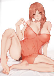 Rule 34 | 1girl, alternate breast size, alternate costume, bare legs, barefoot, black panties, blush, braid, braided ponytail, breasts, brown hair, chainsaw man, closed mouth, commentary request, covered erect nipples, covered navel, full body, hair over shoulder, highres, large breasts, lifted by self, long hair, looking at viewer, makima (chainsaw man), navel, nipples, no bra, no pants, orange shirt, panties, parted bangs, ringed eyes, see-through, shirt, single braid, sitting, solo, spread legs, strap lift, tiptoes, underwear, wd (1106592840), yellow eyes