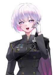 Rule 34 | + +, 1girl, black cape, black jacket, blue eyes, breasts, buurn dokaan (nack), cape, collared shirt, colored inner hair, earrings, gloves, goddess of victory: nikke, jacket, jewelry, liliweiss (nikke), medium breasts, military uniform, multicolored hair, pink hair, purple cape, purple eyes, shirt, short hair, simple background, solo, star-shaped pupils, star (symbol), symbol-shaped pupils, uniform, upper body, white background, white gloves, white hair