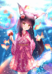 Rule 34 | 1girl, alternate costume, animal ears, azur lane, black hair, blunt bangs, candy, candy apple, commentary request, fish, food, fox ears, fox girl, fox tail, goldfish, hakama, hakama skirt, head tilt, holding, holding candy, holding food, in water, japanese clothes, long hair, looking at viewer, m ko (maxft2), nagato (azur lane), parted lips, pleated skirt, sidelocks, signature, skirt, solo, tail, water drop, yellow eyes