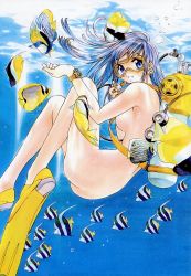 Rule 34 | 1girl, armpits, ass, back, blue eyes, blue hair, breasts, bubble, diving, diving mask, fish, flippers, goggles, legs, long legs, looking back, matching hair/eyes, nude, nudist, official art, oogure ito, outdoors, rie (silky whip), scan, scuba, scuba tank, silky whip, skinny dipping, solo, swimming, thighs, underwater, watch, wristwatch, zenra