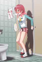 Rule 34 | 1girl, ahoge, aqua sleeves, bathroom, between legs, blush, breasts, breath, clothes writing, collarbone, door, ear blush, embarrassed, english text, engrish text, female focus, full body, hand between legs, have to pee, highres, idolmaster, idolmaster shiny colors, indoors, japanese text, komiya kaho, leg up, long hair, matching hair/eyes, nannyou dojin, nose blush, open mouth, pee, peeing, peeing self, plaid, plaid shorts, raglan sleeves, ranguage, red eyes, red footwear, red hair, red shorts, shirt, shoes, short shorts, shorts, sidelocks, small breasts, socks, solo, speech bubble, standing, standing on one leg, steam, sweat, tears, teeth, thought bubble, tile floor, tile wall, tiles, toilet, toilet stall, translation request, trembling, wet, wet clothes, white shirt, white socks