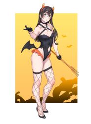 Rule 34 | 1girl, alternate costume, bare shoulders, black footwear, black gloves, black hair, black leotard, border, breasts, clothing cutout, commentary request, demon horns, demon wings, fake horns, fake wings, fishnet thighhighs, fishnets, full body, glasses, gloves, gradient background, green eyes, hair between eyes, half gloves, halloween costume, highleg, highleg leotard, highres, holding trident, horns, kantai collection, leotard, long hair, looking at viewer, medium breasts, navel, navel cutout, o-ring, ooyodo (kancolle), orange background, outside border, puckered lips, pumpkin, simple background, solo, standing, thighhighs, two-tone background, white border, wings, yuuji (and)