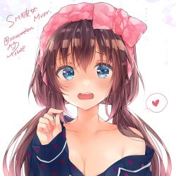 Rule 34 | 1girl, :o, artist name, bare shoulders, blue eyes, blue shirt, blush, breasts, brown hair, cleavage, collarbone, commentary request, hair ornament, hand up, headdress, heart, long hair, long sleeves, looking at viewer, low twintails, nose blush, off shoulder, open mouth, original, peke (xoxopeke), shirt, sidelocks, signature, sleeves past wrists, solo, spoken heart, tareme, teeth, twintails, twitter username, upper body, upper teeth only, wavy mouth, white background, wing collar