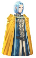 Rule 34 | 1boy, belt, black belt, blue hair, cape, chimachi, closed mouth, clothing request, cropped legs, ferdinand (honzuki no gekokujou), high collar, highres, honzuki no gekokujou, male focus, short hair, simple background, solo, white background, yellow cape, yellow eyes